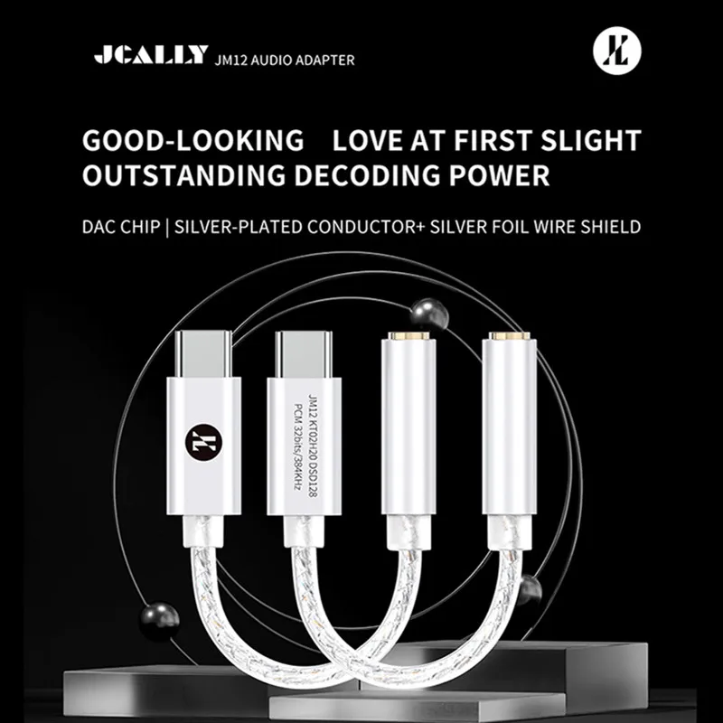 JCALLY JM12 Digital Audio Adapter DAC Chip KT02H20 Hi-Fi Audio Decoder Type-C to 3.5mm Earphone Amplifier 32bits/384KH DSD128