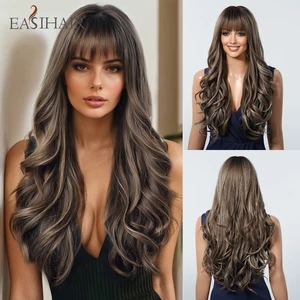 EASIHAIR Long Curly Wavy Synthetic Wigs Brown with White Highlight Daily Wig with Bangs Heat Resistant Cosplay Hair for Women