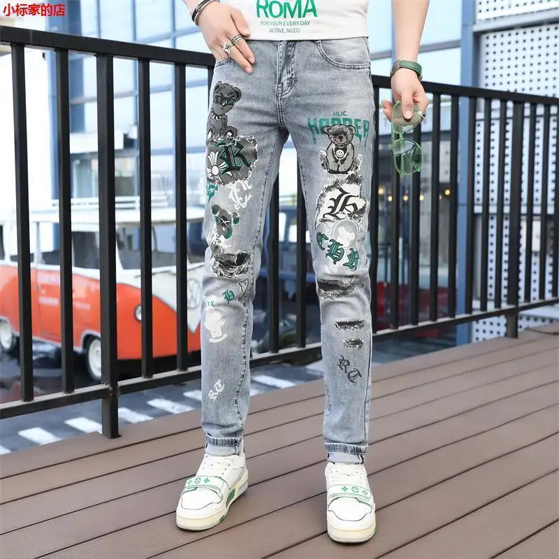 Summer Clothes Fashion Korea Harajuku Men's Cartoon Bear Print Slim Luxury Brand Streetwear Classic Soft Jeans Cotton Trousers