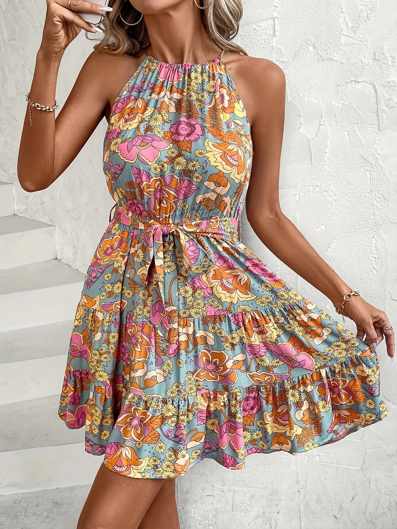 

2024 Europe and the United States new spring and summer fashion casual floral print beach vacation comfortable elastic waist ruf