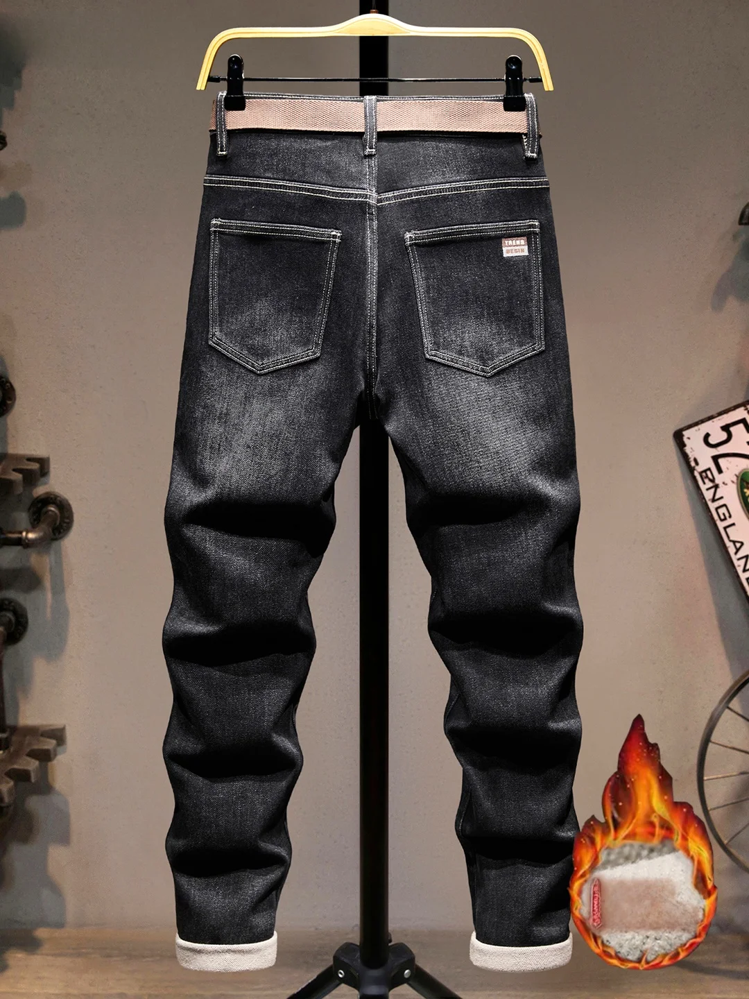 

Мужские джинсы с вышивкой и флисовой подкладкой, облегающие, повседневные, эластичные, длинные брюки, модные зимние джинсовые брюки
