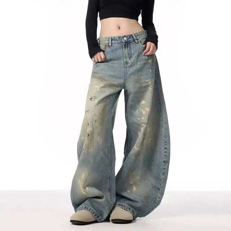 High Street Ink Splash Dirty Dye Distressed Design Scimitar Jeans for Women American Style Straight Loose Casual Long PL0GW