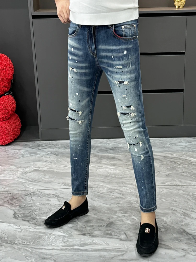 

Spring New Style Men's Slim Fit Distressed Denim Jeans Casual Trendy Nine-Piece Pants Chinese Brand Youth Wear Spring Autumn