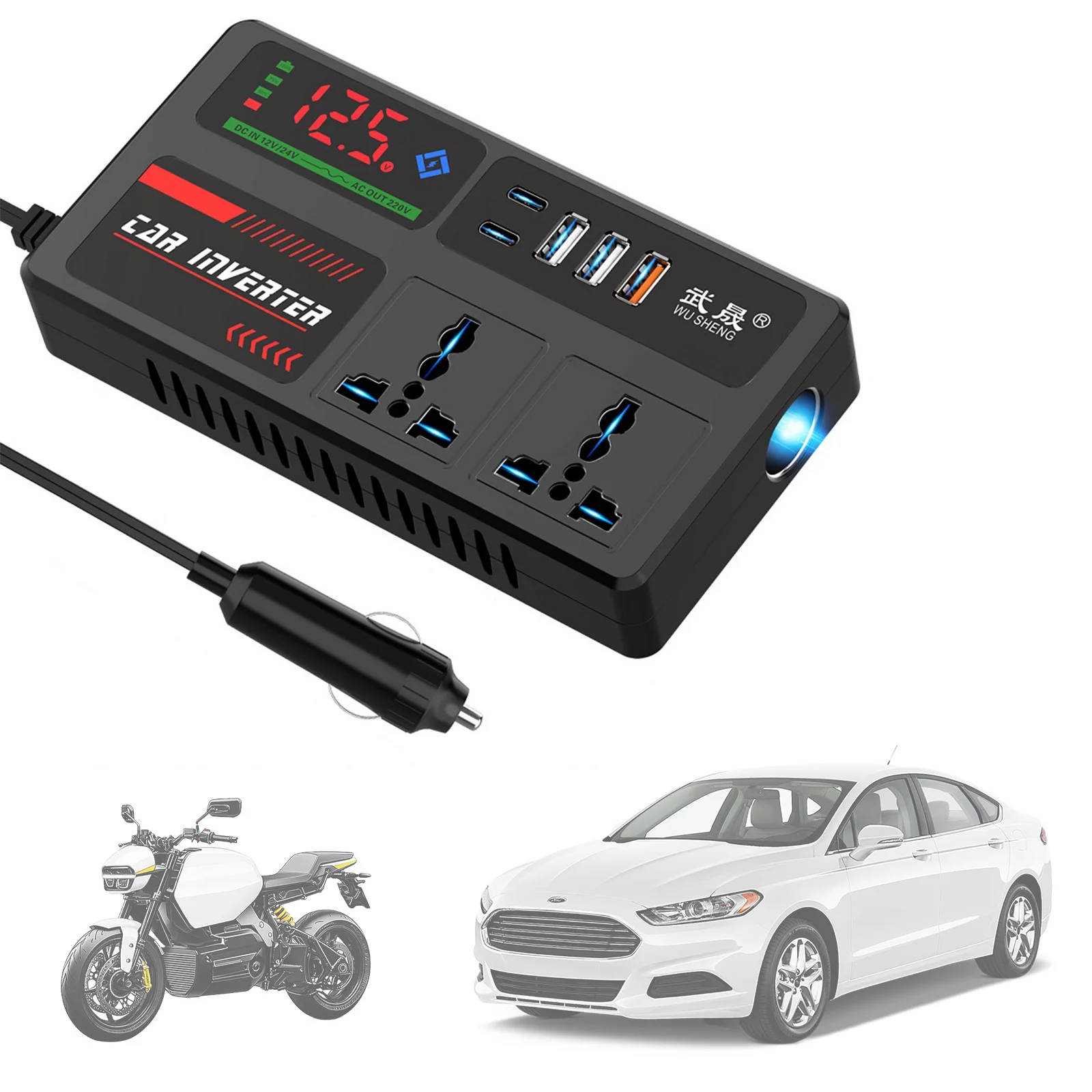 

200W Charger Converter Adapter with Cooling Fan & Digital Display 12/24V To 220V Car Charger Inverter for Auto Truck SUV RV