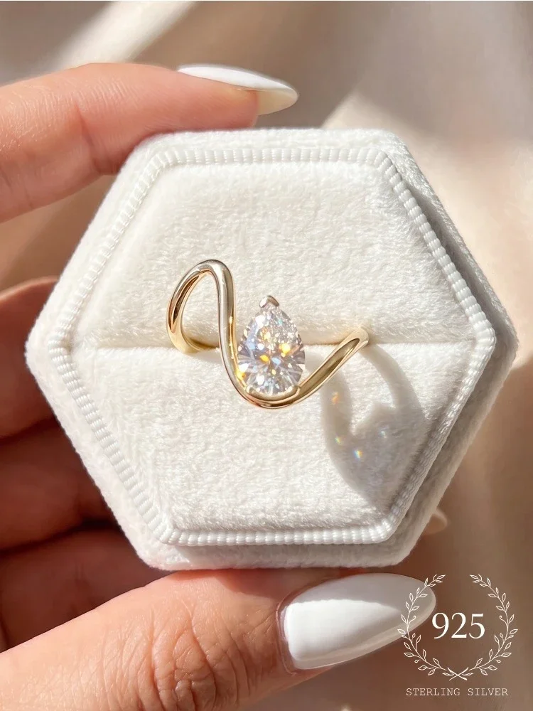 925 Sterling Silver Curved Water Droplet Zircon Ring For Women Engagement Wedding Anniversary Party High Quality Fine Jewelry