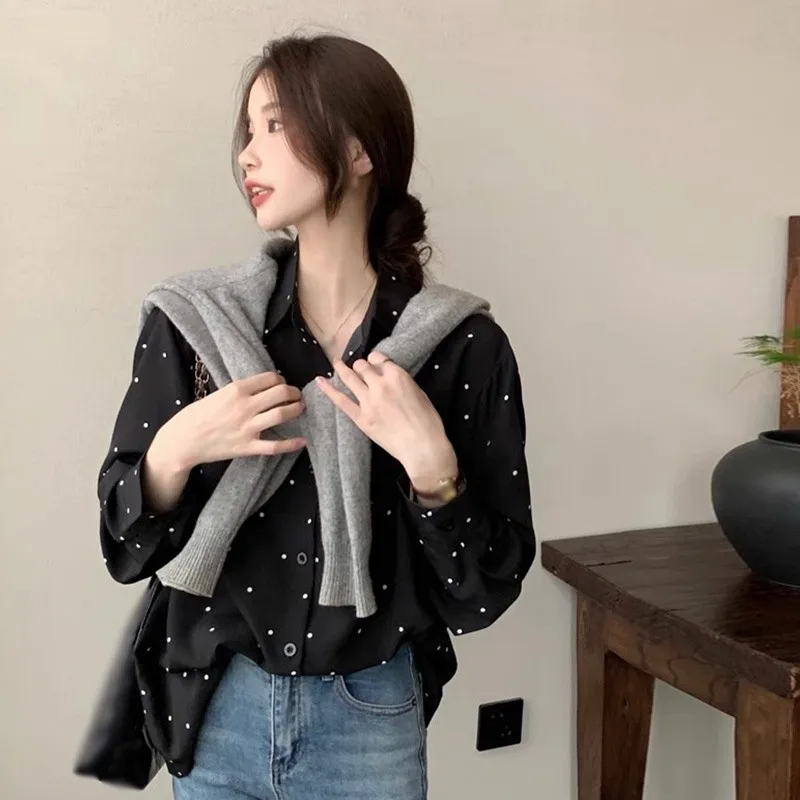 Women Spring Autumn Polka Dot Blouse Women Lapel Shirt Long Sleeve Blouse Korean Female Tops Casual Clothing