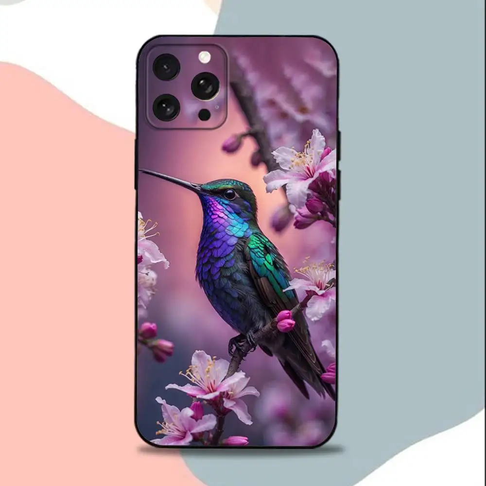 Casing Ponsel Art H-Humming B-bird Untuk iPhone 15,13,16,12,11,17,14,Plus,Pro,Max,XS,XR,X,SE,Mini, Penutup Silikon Lembut Hitam