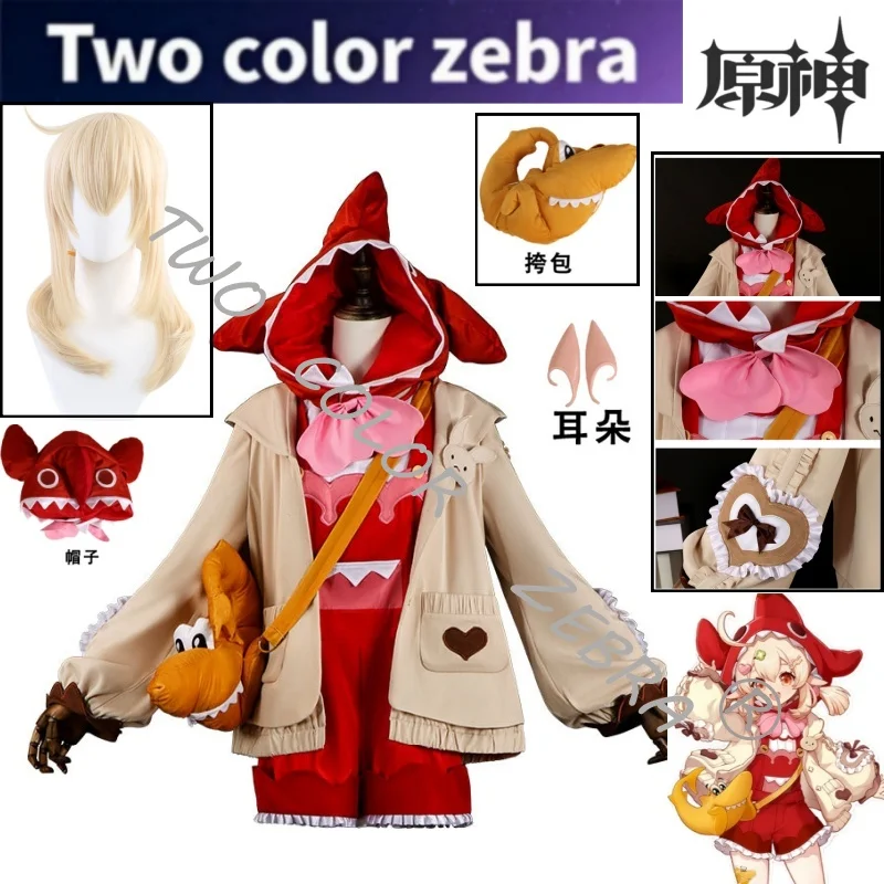 Disfraz de Cosplay de la Personaje de Anime Klee del Juego Genshin Impact, Traje Rojo, Bolso, Sombrero de Tiburón, Peluca, Conjunto para Conveniones y Juegos de Rol