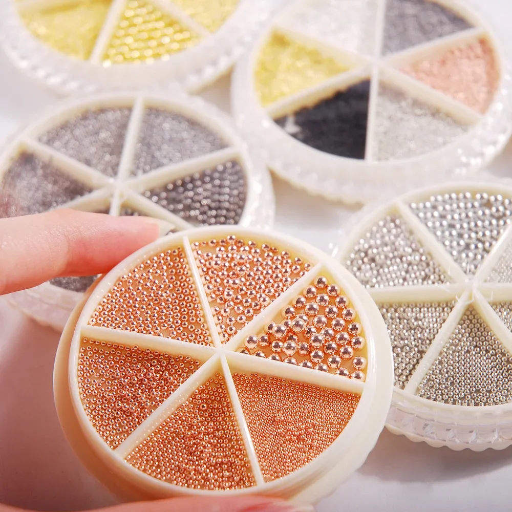 New Metal Beads Small Disc 0.8-3.0mm Nail Art Steel Bead Jewelry Gold and Silver Nails 6 Grids Quality Leak-proof Round Box