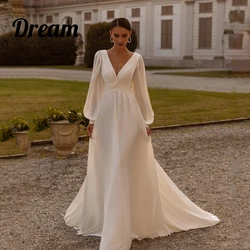 DREAM Customized Simple Chiffon A-Line Wedding Dresses V-Neck Long Puff Sleeves Backless Bridal Grown Formal Prom Party Wear