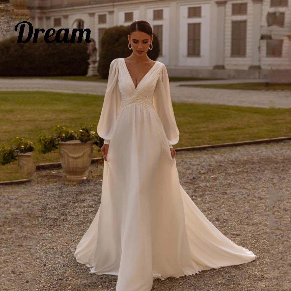 DREAM Simple Chiffon A-Line Wedding Dresses V-Neck Long Puff Sleeves Backless Bridal Grown Formal Prom Party Wear Robe De Mariee