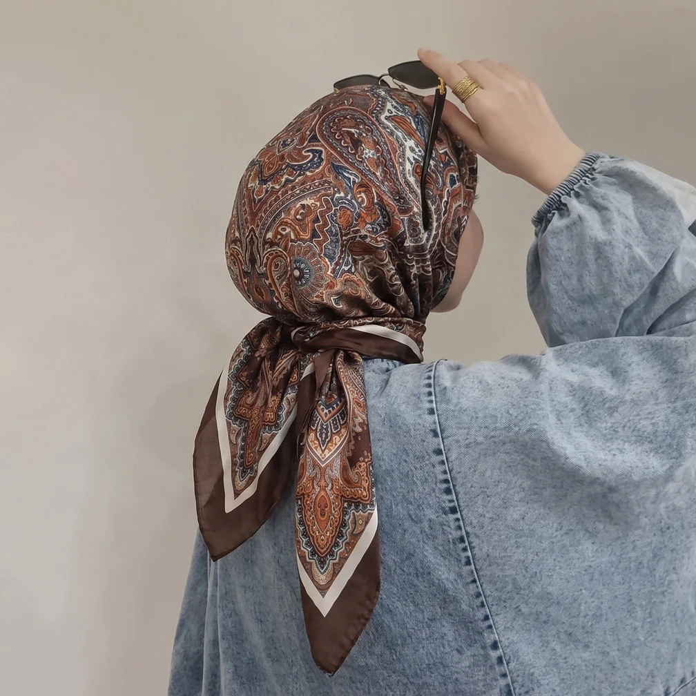Elastic Pre-Tied Paisley Print Satin Hijab and Turban for Women Instant Headscarf Lightweight Scarf for Daily Travel Outfits