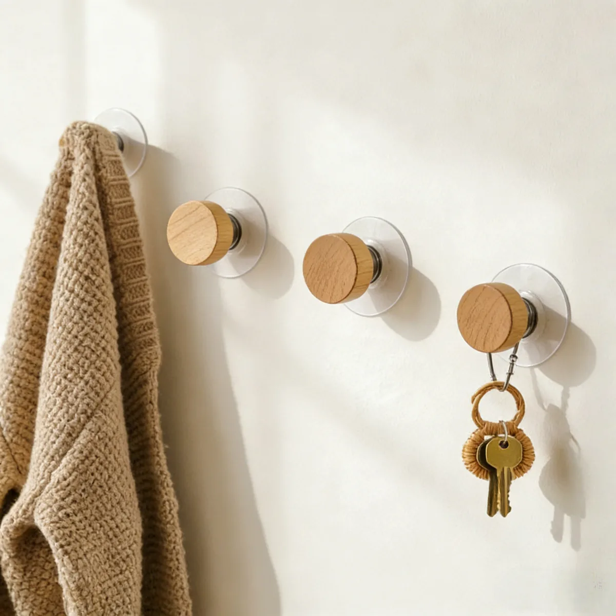 Solid Wood Self-Adhesive Wall Hook, Round Wooden Ring Suction Cup Hook, Coat Hat Bag Hanger, No Drill Home Storage Hook