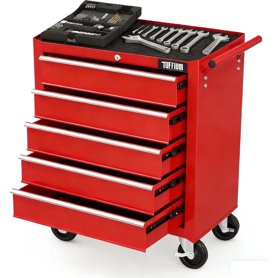 5-Drawer Rolling Tool Chest w/Drawers and Lock, Tool Storage Cabinet with Lockable Wheels, Top Cushion and Drawer Liners, Tool