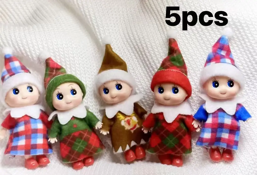 5 Pcs Christmas Elf Doll Mini Elf Twins in Bib Pants and Bodysuit Miniature Plaid Accessories Green and Red Elf Suitable for Xma