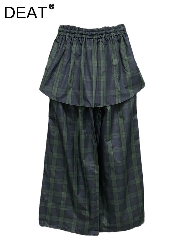 

DEAT женские брюки в стиле пэчворк, клетчатая юбка с эластичной резинкой на талии, прямые свободные брюки из 2 предметов на шнурке, 2024, новая мода, осень