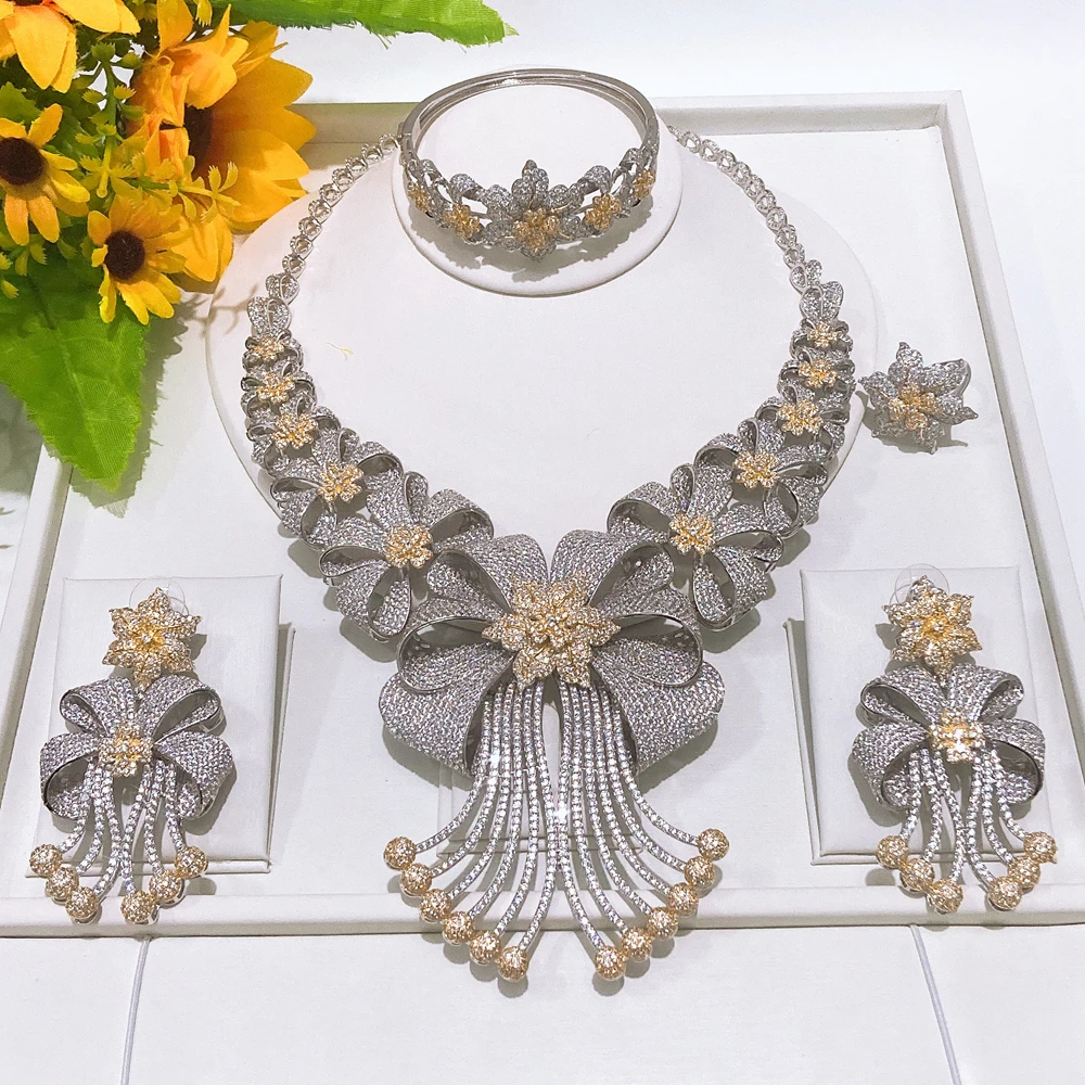 Luxury Bow & Flower CZ Jewelry Sparkly Two-Tone Cubic Zirconia Bridal Necklace Earrings Ring Bracelet Set American Diamond Style