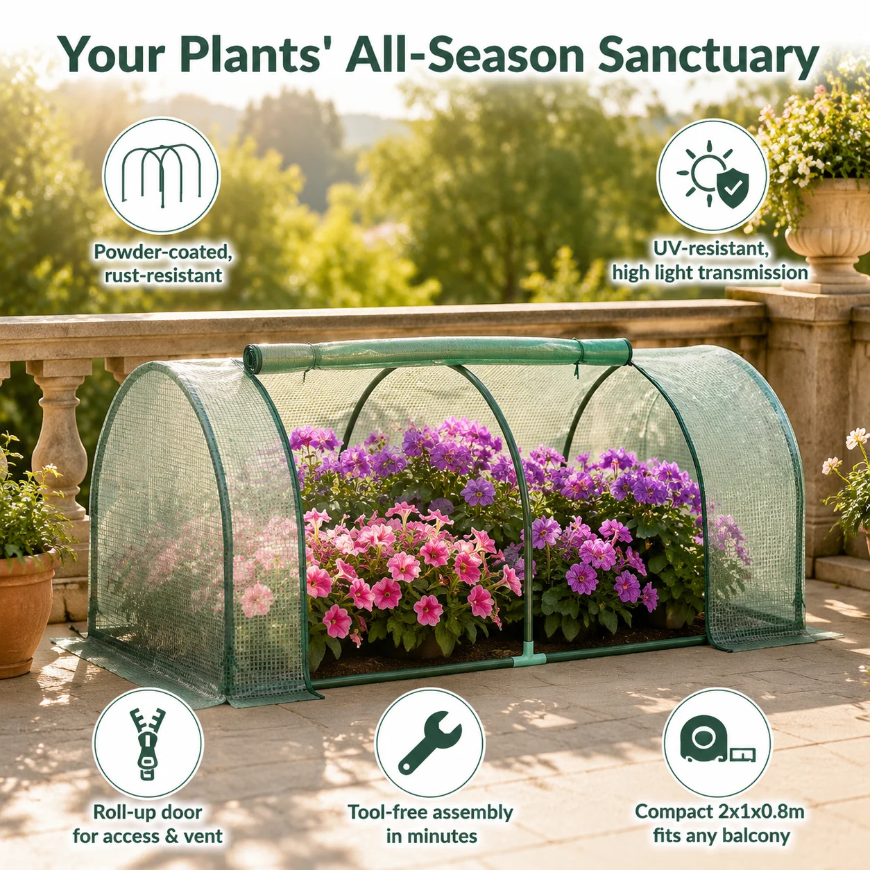 Mini serre 2 x 1 x 0,8 m, tunnel pour plantes avec porte zippée, couverture en PE, structure en acier pour tomates, protection hivernale et culture printanière, vert