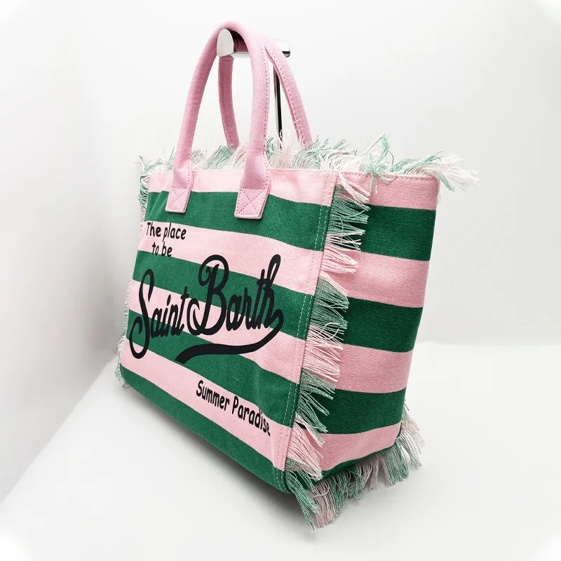 New Green and Pink Striped Women\'s Handbag, Women\'s Large Capacity Tassel Design Handbag, Women\'s Summer Zipper Shoulder Bag