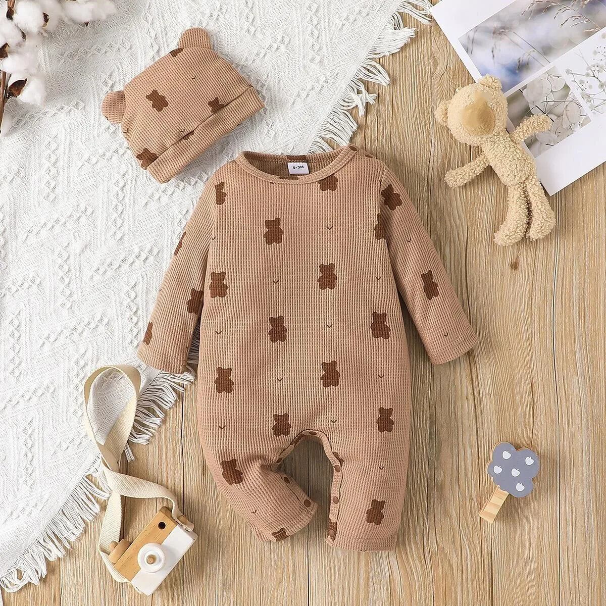 

Romper Newborn Bodysuits Jumpsuit Outwear With Hat 2t Toddler Girl Clothes Infant Boys Girls Long Sleeve Cartoon Bear Prints