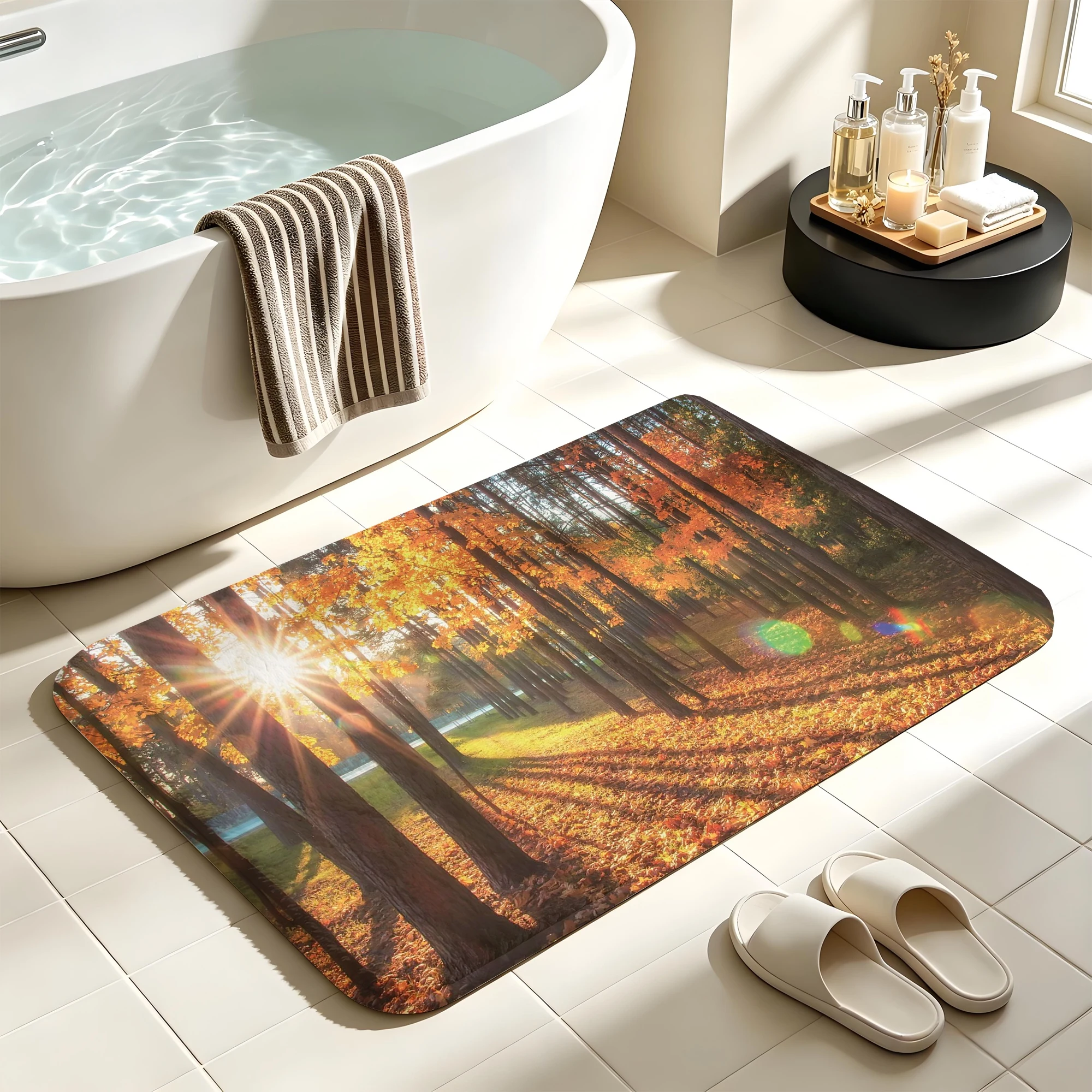 Autumn Forest Bath Mat Sunlight Leaves Non-Slip Water Absorbent Bathroom Rug Soft Floor Carpet for Bathtub Shower