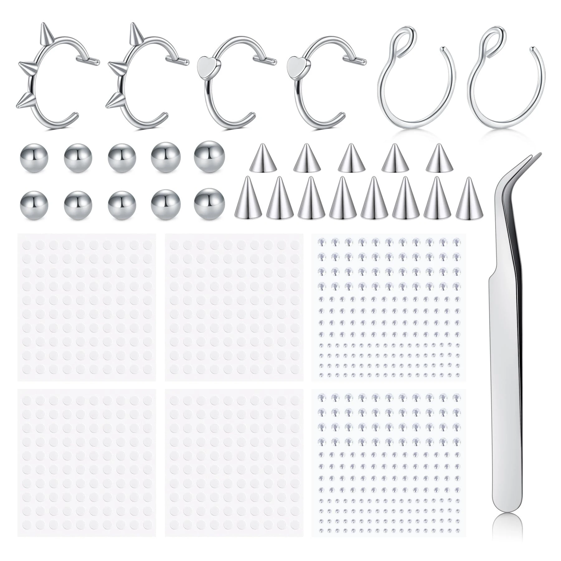 Fake Lip Ring and Nose Piercing Set - Ball Spike Hoop Stud Stick-on Bridge and Eyebrow Ring - Silver For Women Men