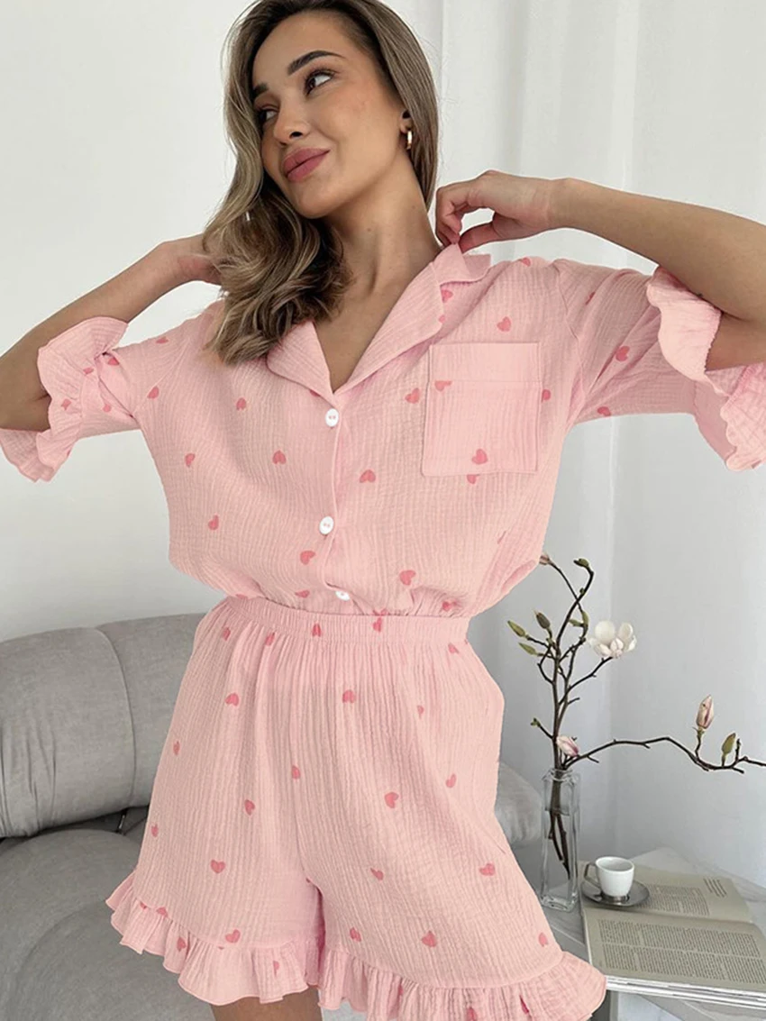 Marthaqiqi Casual Women Nightgowns Suit Sexy Turn-Down Collar Sleepwear Half Sleeve Nightwear Shorts Printing Ladies Pajamas Set