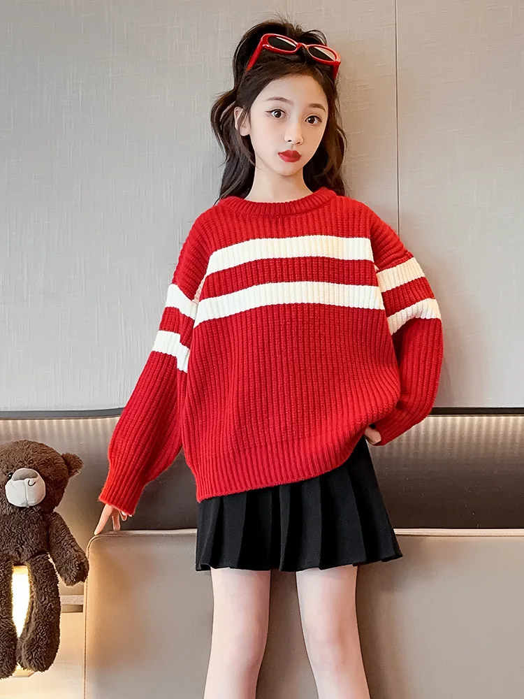 2023 Autumn Sweater 5-15 Year Old Girls' Red Casual Sweater Can be Lined and Outworn Fashion Versatile Beautiful Girls' Clothes