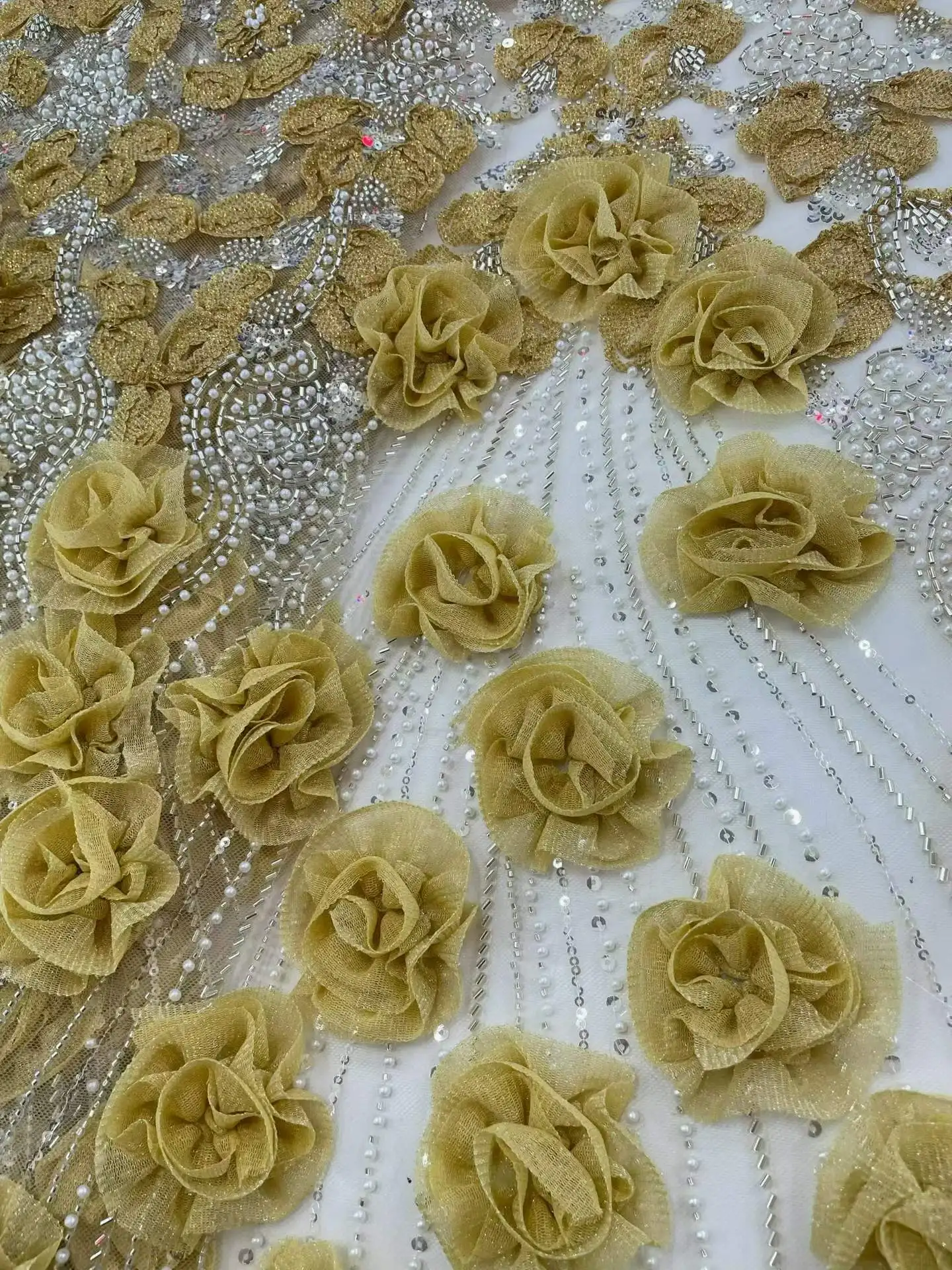 African Luxury Beaded Nigerian 3d Flower Tulle Lace Fabric Handmade Sequins Pearls Bridal Wedding Dress Material