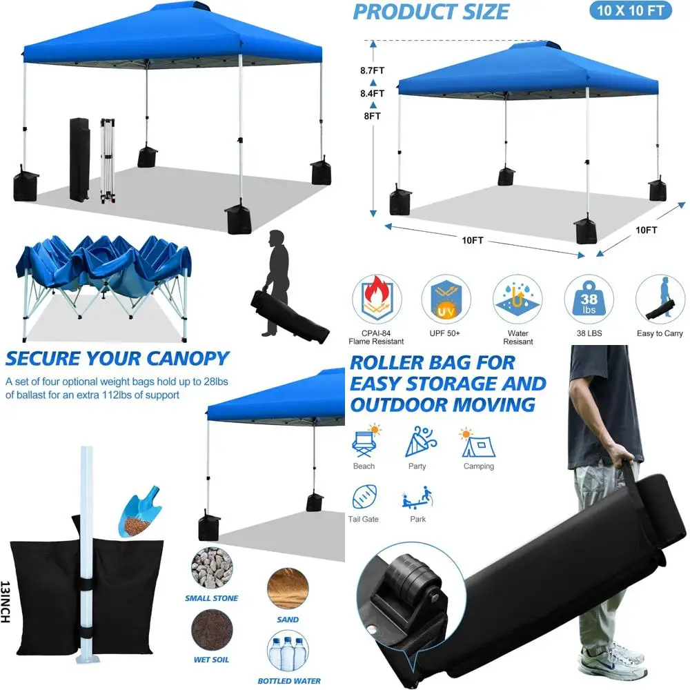 

Instant 10x10ft Pop Up Canopy Tent with One-Button Setup, Adjustable Height, Portable Roller Bag, and 4 Weights for Outdoor Shel