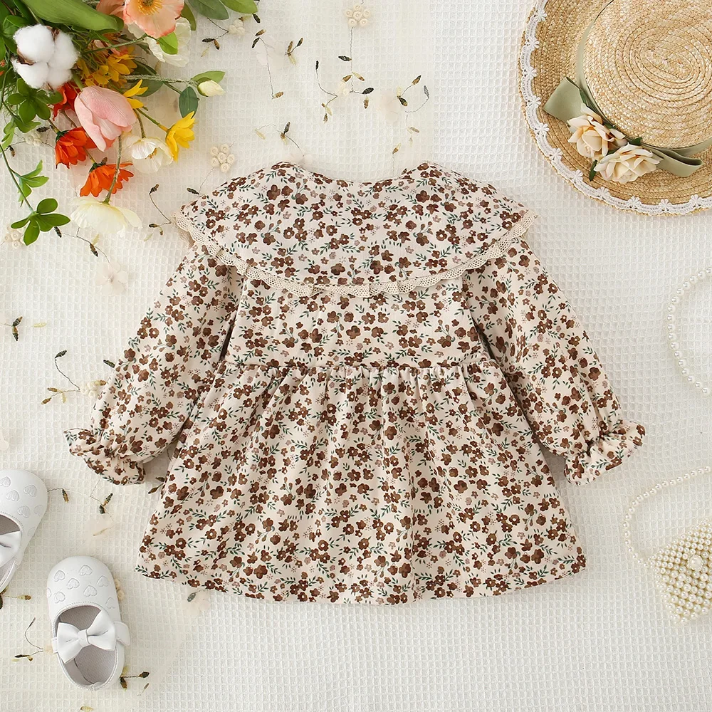 Autumn/Winter Girls\' Forest style floral long sleeved dress with lace petal collar Korean version plush children\'s skirt