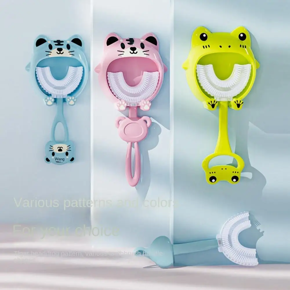 

U-shape Kids Toothbrush Cartoon Frog Tiger Print Toothbrush With Holder Children's Toothbrush Silicone Cleaning Toothbrush