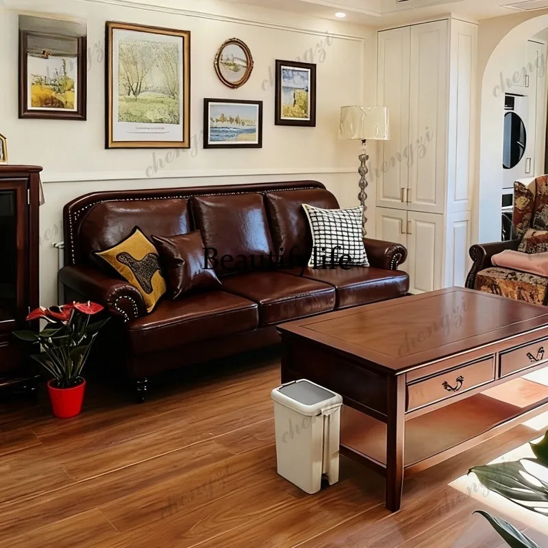 D183 American retro leather sofa straight row antique living room pull button first layer cowhide sofa combination villa
