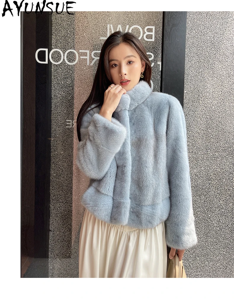 AYUNSUE 럭셔리 천연 밍크 퍼 코트 여성 의류 리얼 퍼 코트 여성 크로스 여성용 밍크 신상 겨울 재킷