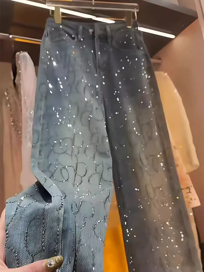 Hot Stamping Diamond Jeans for Women 2026 Spring Autumn Trendy Shiny Rivet Wide Leg Pants Female Straight Loose Denim Pants