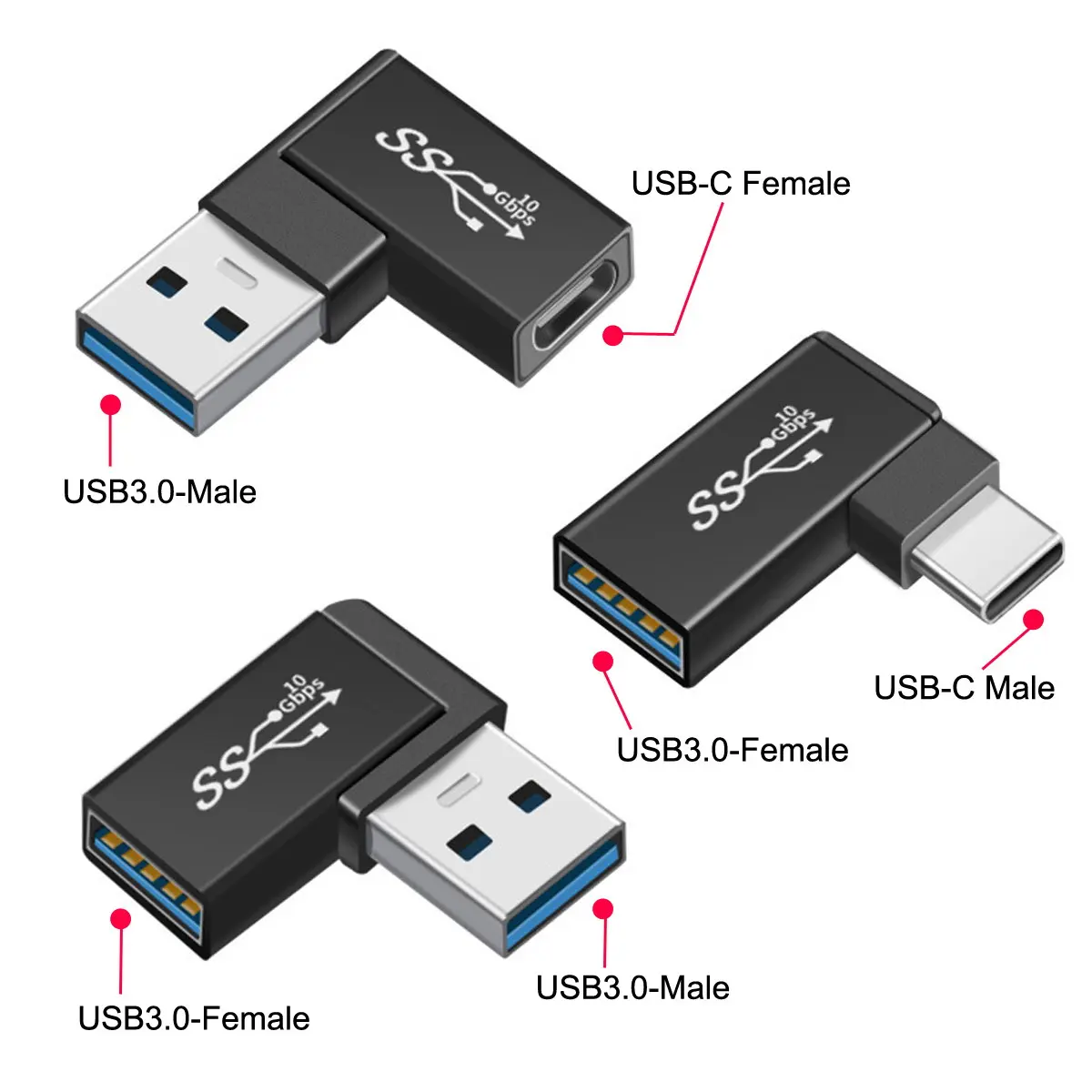 Cablecc 3pcs/lot  90 Degree AngledUSB 3.1 Type C Male Female to USB3.0 Type A Female OTG Data 10Gbps Adapter