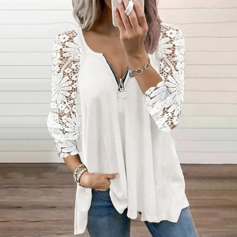 

Trendy Women Tops Zipper Neckline Breathable Pullover Top Women Floral Print Loose Tee Shirt