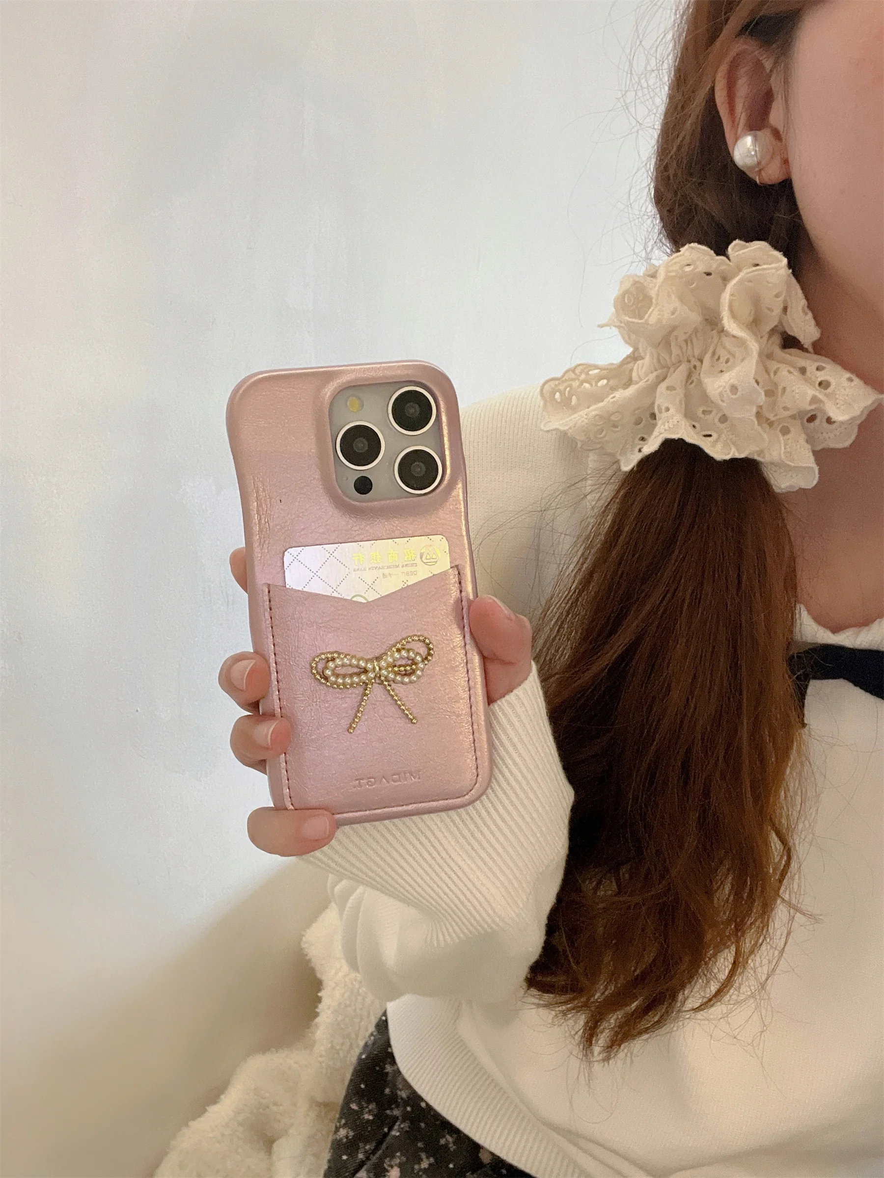 Ins Korean Luxury 3D Cortex Lace Heart Cherry Pearl Bow Card Holder Case for iPhone 11 12 13 14 15 Pro Max Shockproof Cover