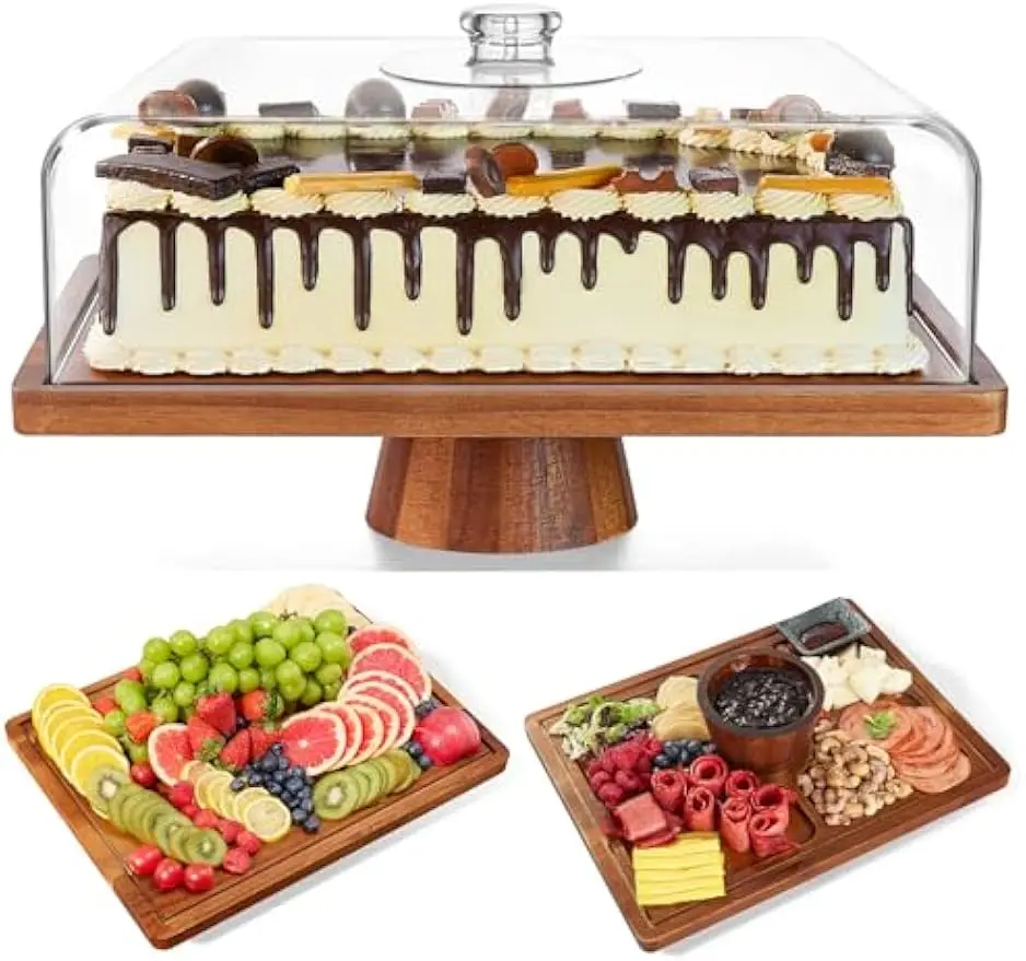 Soporte para tartas rectangular grande con tapa, juego de exhibición 2 en 1 y tablero para bombones, cúpula acrílica para postres