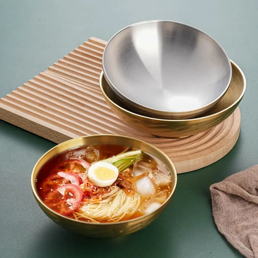 Thickened Stainless Steel Bowl Double Layer High Footed Korean Ramen Bowl Drop Resistant Heat-insulating Soup Bowl Children Use
