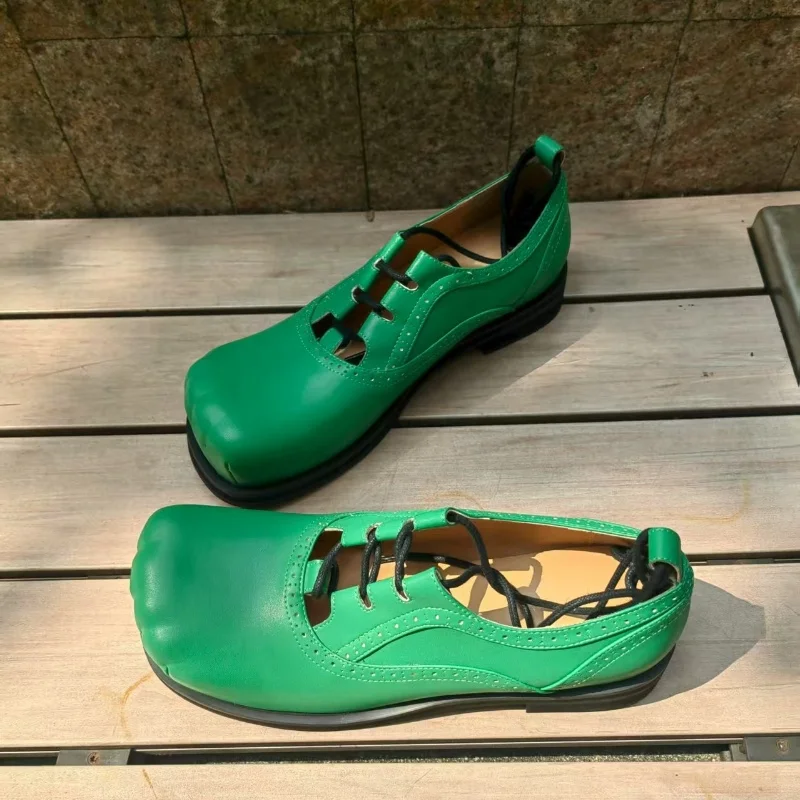Green Leather Heel Shoe Big Size 39-46 New Men Five Fingers Round Toe Loafers Ankle Cross Strap Hollow Dress Shoes Handmade Man