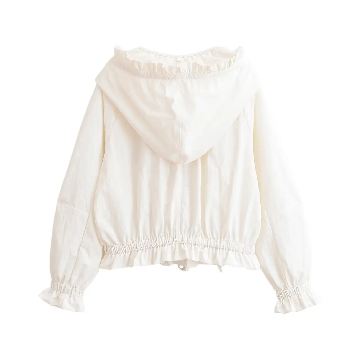 Off White Ruffle Fold Over Collar Zip Up Jacket Double Drawstring Waist Flounce Cuff Side Pockets Loose Cropped Women Outerwear