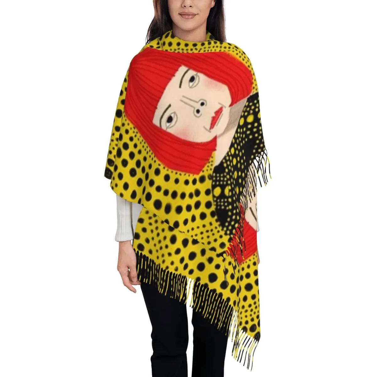 Yayoi Kusama Mystery Scarf for Women Winter Warm Shawl Wrap Japanese Artist Single-sided Pattern Scarves with Tassel Daily Wear