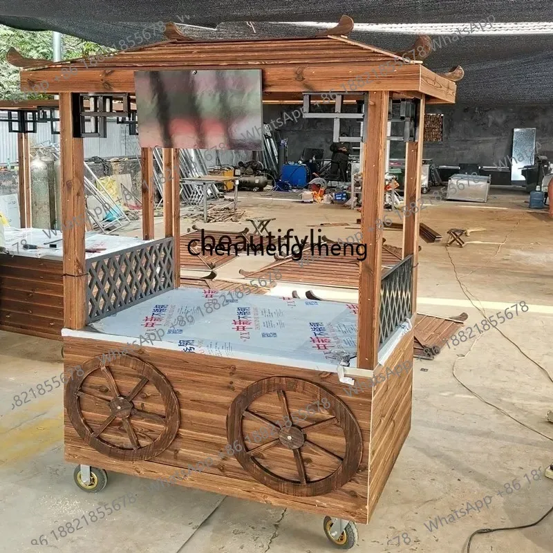 LHY26 ssAntique retro snack cart stall barbecue cart wooden roast duck pastry cart