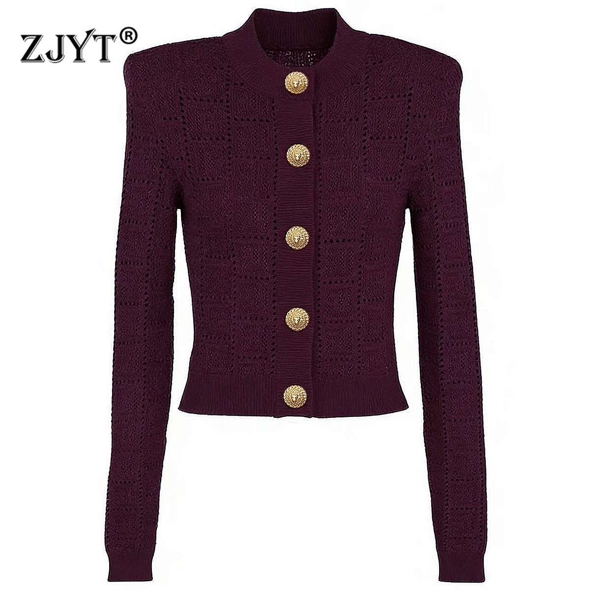 ZJYT Spring Fashion Long Sleeve Knitted Cardigans Sweaters for Women Hollow Out Red Purple Knit Tops Female Knitwear Jumper Lady