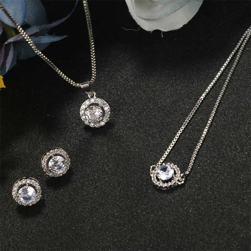 Simple Geometric Round Zircon Pendant Necklace for Women Clear  AAA Zirconia Crystal Charm Chain Necklaces Wedding Jewelry Sets