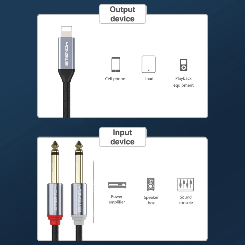 YONGWEI for Lightning to 6.35mm Jack  Cable de potencia de una 6.35mm 1/4\