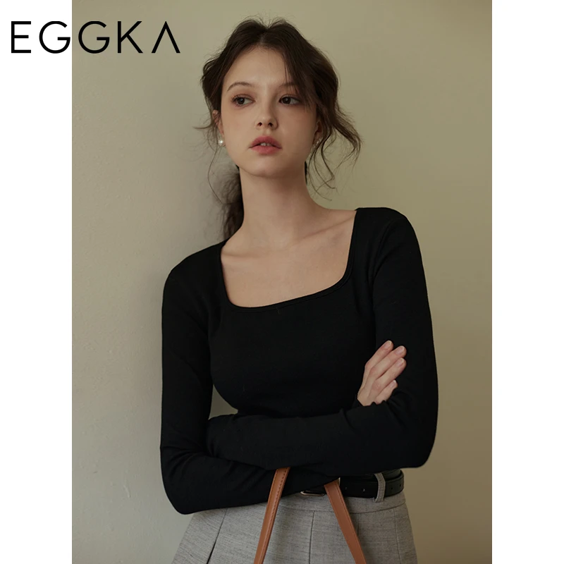 EGGKA Women's Solid Long-sleeve Shirt 2024 Autumn Winter Slim Underwear Female Basic T-shirts Turtleneck Minimalist Tops White