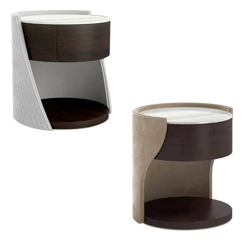 Italian bedside walnut color round creative new Chinese bed cabinet, round edge table, solid wood cabinet