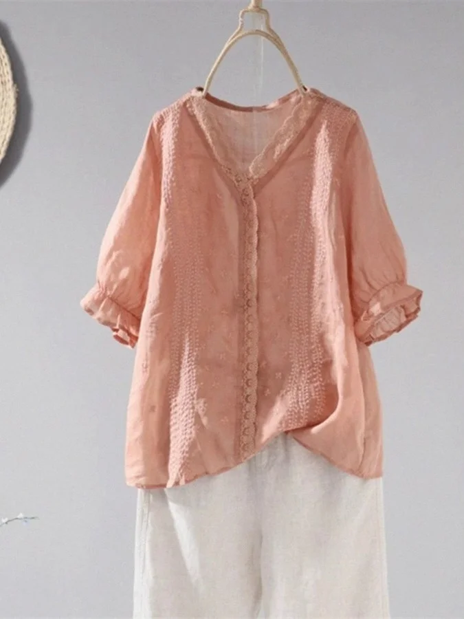

2025 New Women's ort Sve V-Ne Embroidered Flax Cotton Linen Blend irt Versatile Thin Summer Lace Detail Regular Length